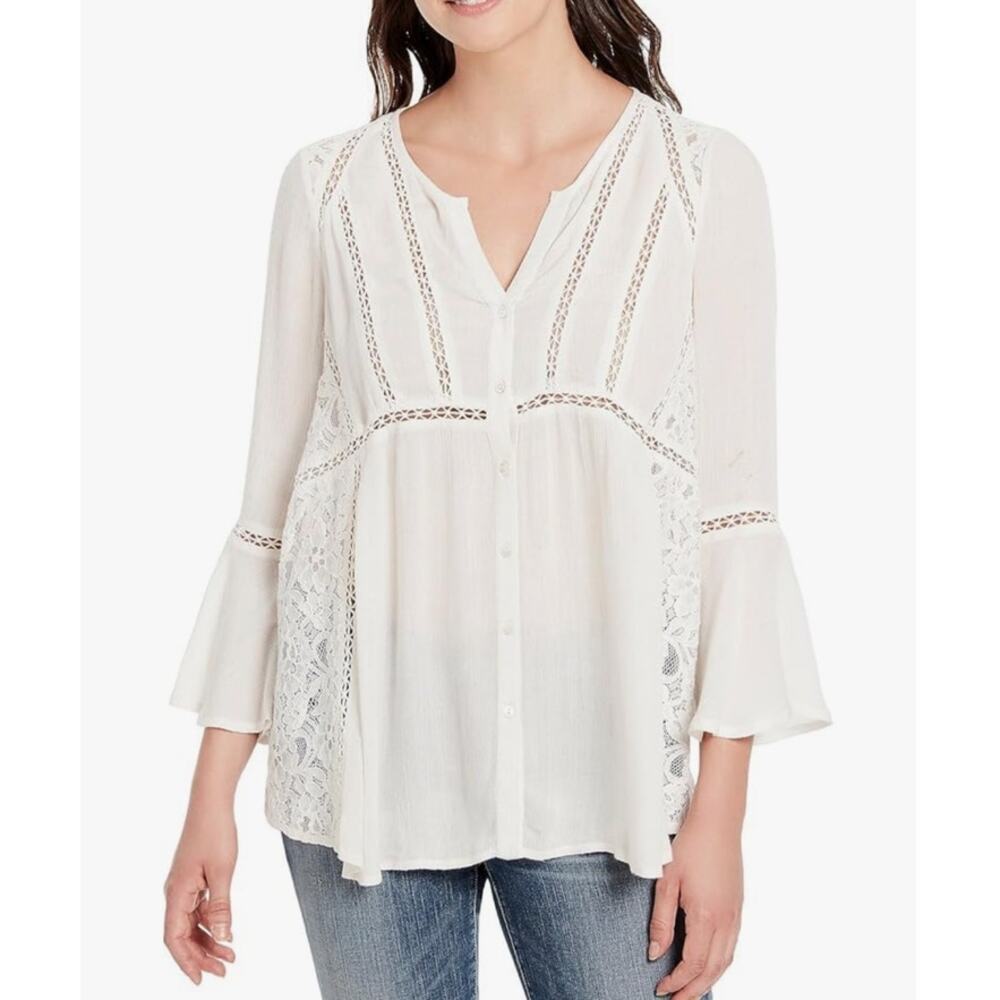 VTG America Blues Women's XL White Long Flare Sleeve Lace Front Splt Neckline